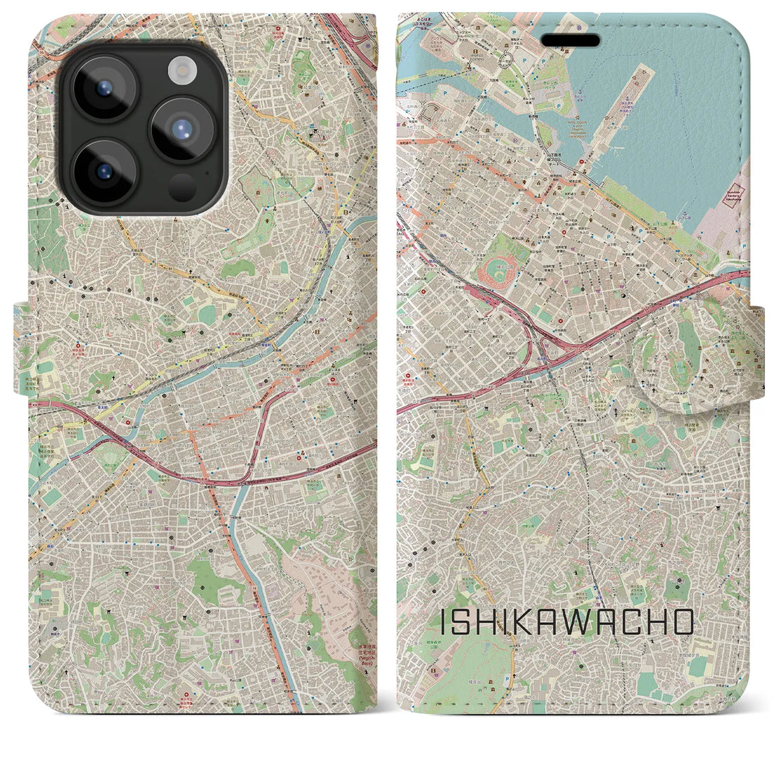 【石川町】地図柄iPhoneケース（手帳両面タイプ・ナチュラル）iPhone 15 Pro Max 用