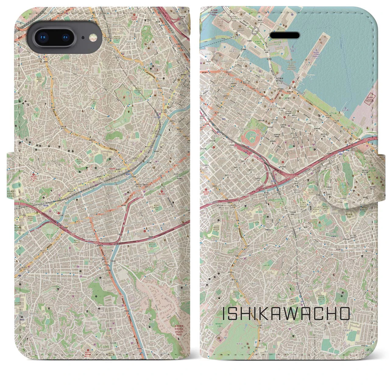 【石川町】地図柄iPhoneケース（手帳両面タイプ・ナチュラル）iPhone 8Plus /7Plus / 6sPlus / 6Plus 用