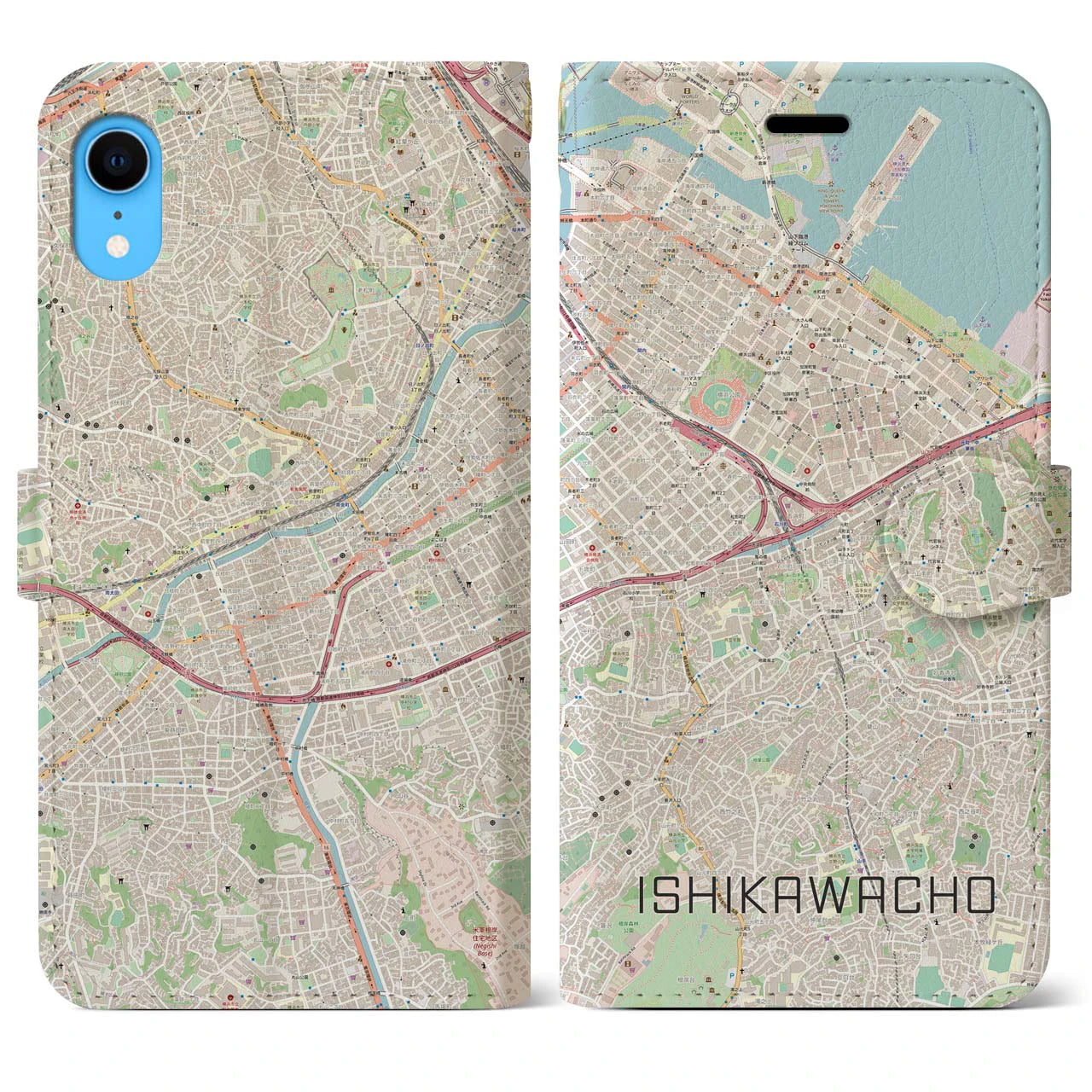 【石川町】地図柄iPhoneケース（手帳両面タイプ・ナチュラル）iPhone XR 用