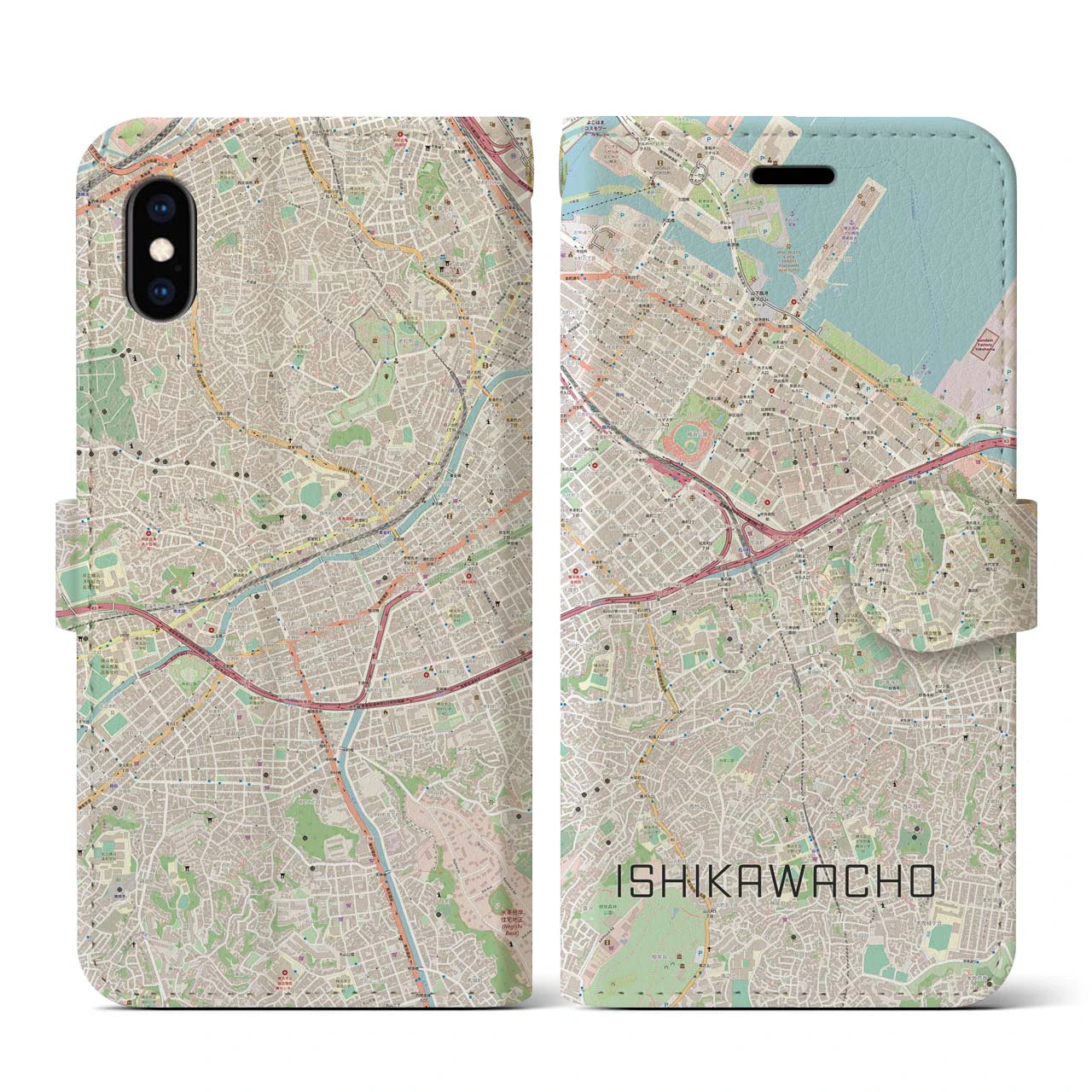 【石川町】地図柄iPhoneケース（手帳両面タイプ・ナチュラル）iPhone XS / X 用