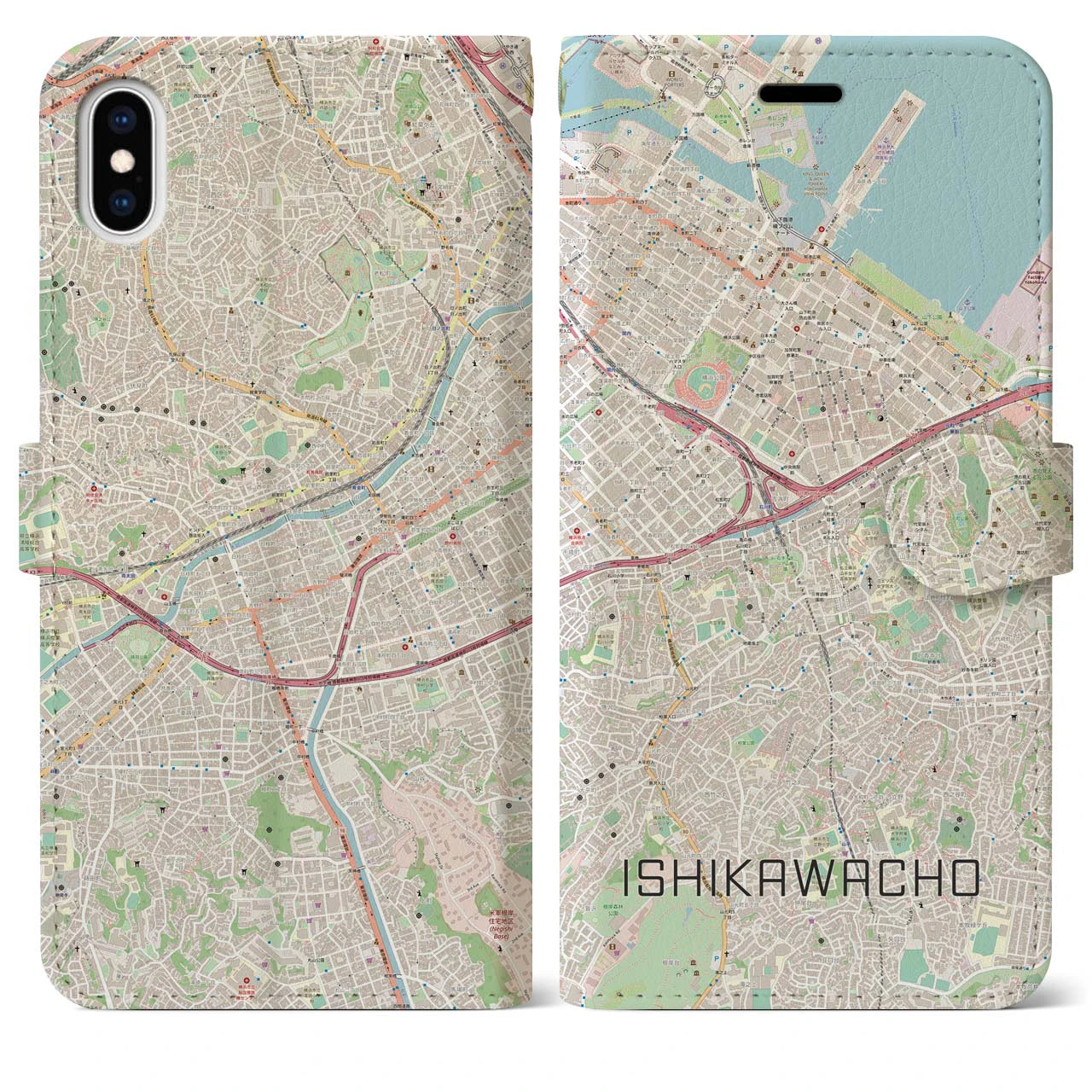 【石川町】地図柄iPhoneケース（手帳両面タイプ・ナチュラル）iPhone XS Max 用