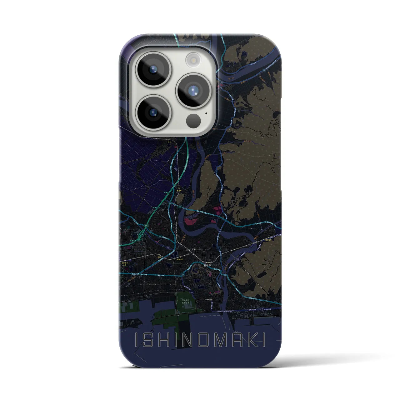 【石巻】地図柄iPhoneケース（バックカバータイプ・ブラック）iPhone 15 Pro 用