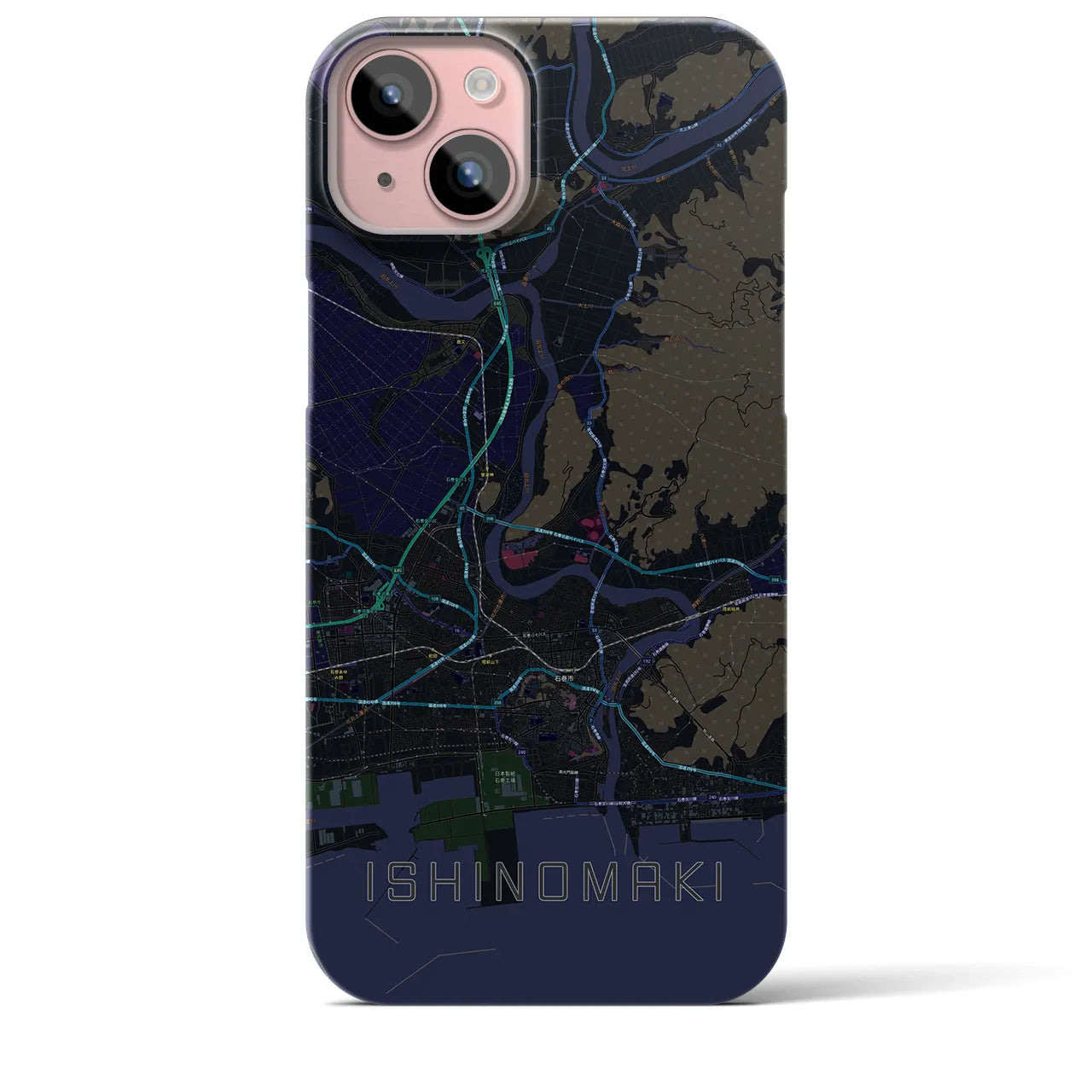 【石巻】地図柄iPhoneケース（バックカバータイプ・ブラック）iPhone 15 Plus 用