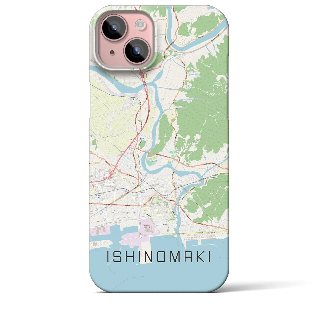 【石巻】地図柄iPhoneケース（バックカバータイプ・ナチュラル）iPhone 15 Plus 用