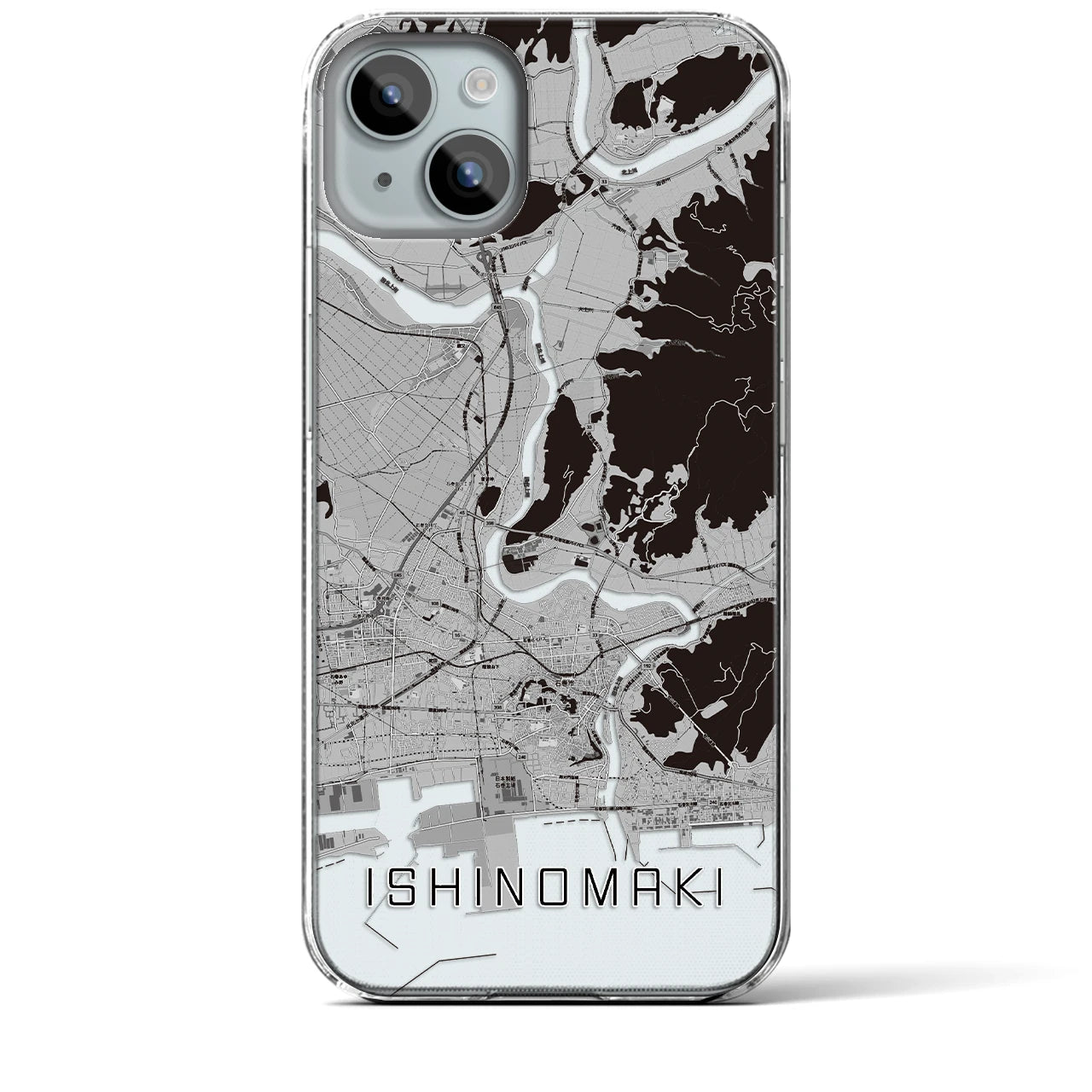 【石巻】地図柄iPhoneケース（クリアタイプ・モノトーン）iPhone 15 Plus 用