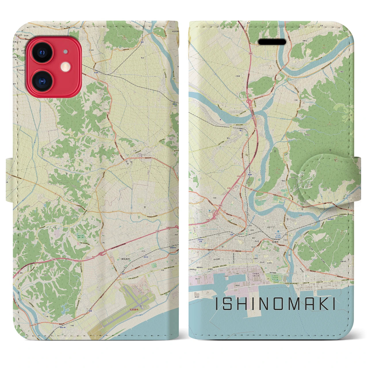 【石巻】地図柄iPhoneケース（手帳両面タイプ・ナチュラル）iPhone 11 用
