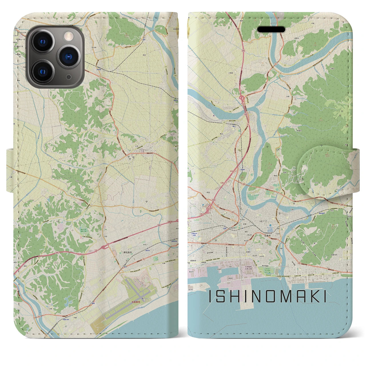 【石巻】地図柄iPhoneケース（手帳両面タイプ・ナチュラル）iPhone 11 Pro Max 用