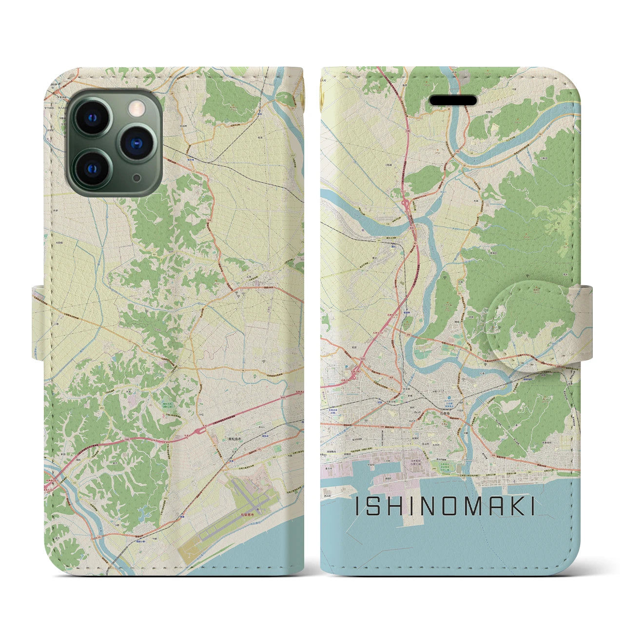 【石巻】地図柄iPhoneケース（手帳両面タイプ・ナチュラル）iPhone 11 Pro 用