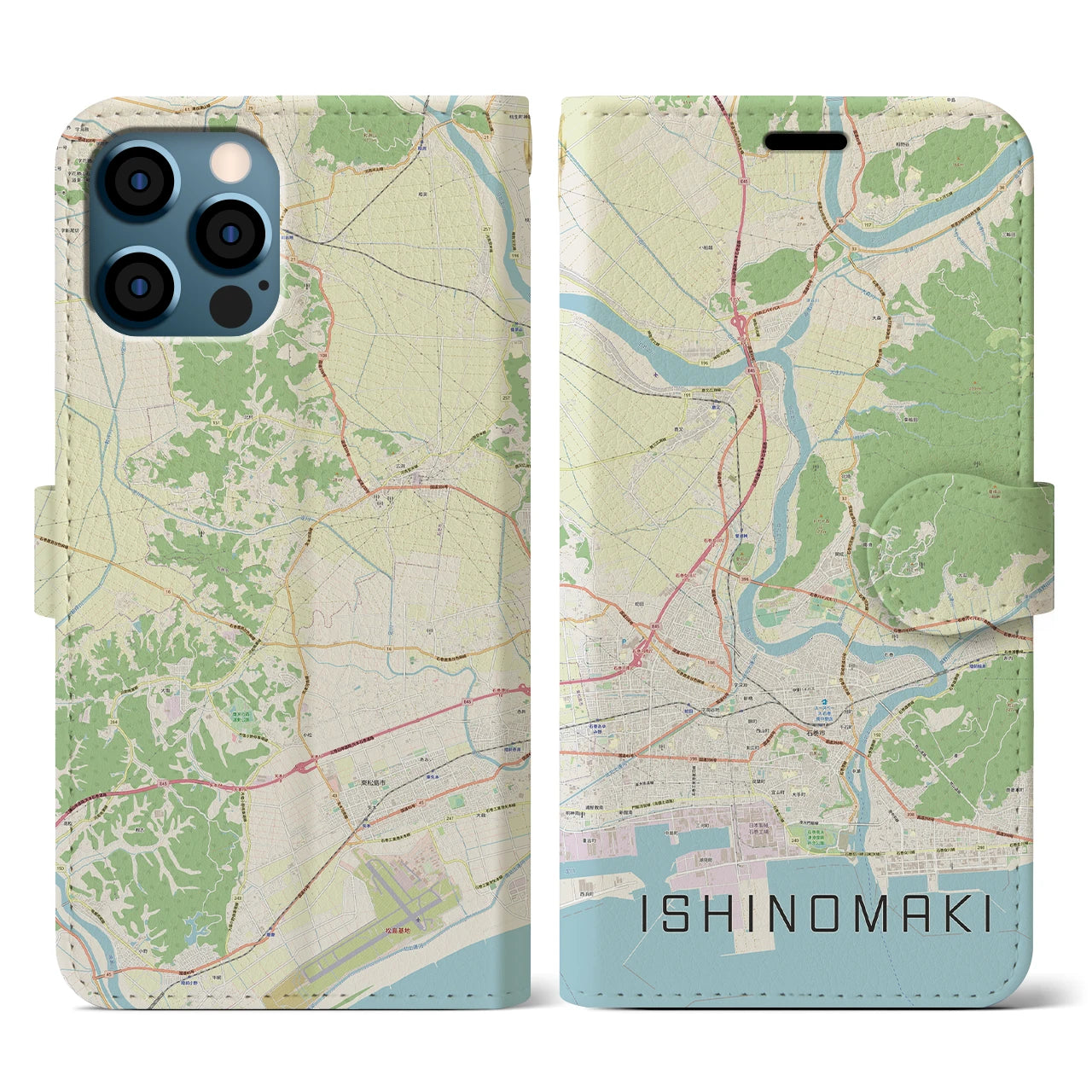 【石巻】地図柄iPhoneケース（手帳両面タイプ・ナチュラル）iPhone 12 / 12 Pro 用
