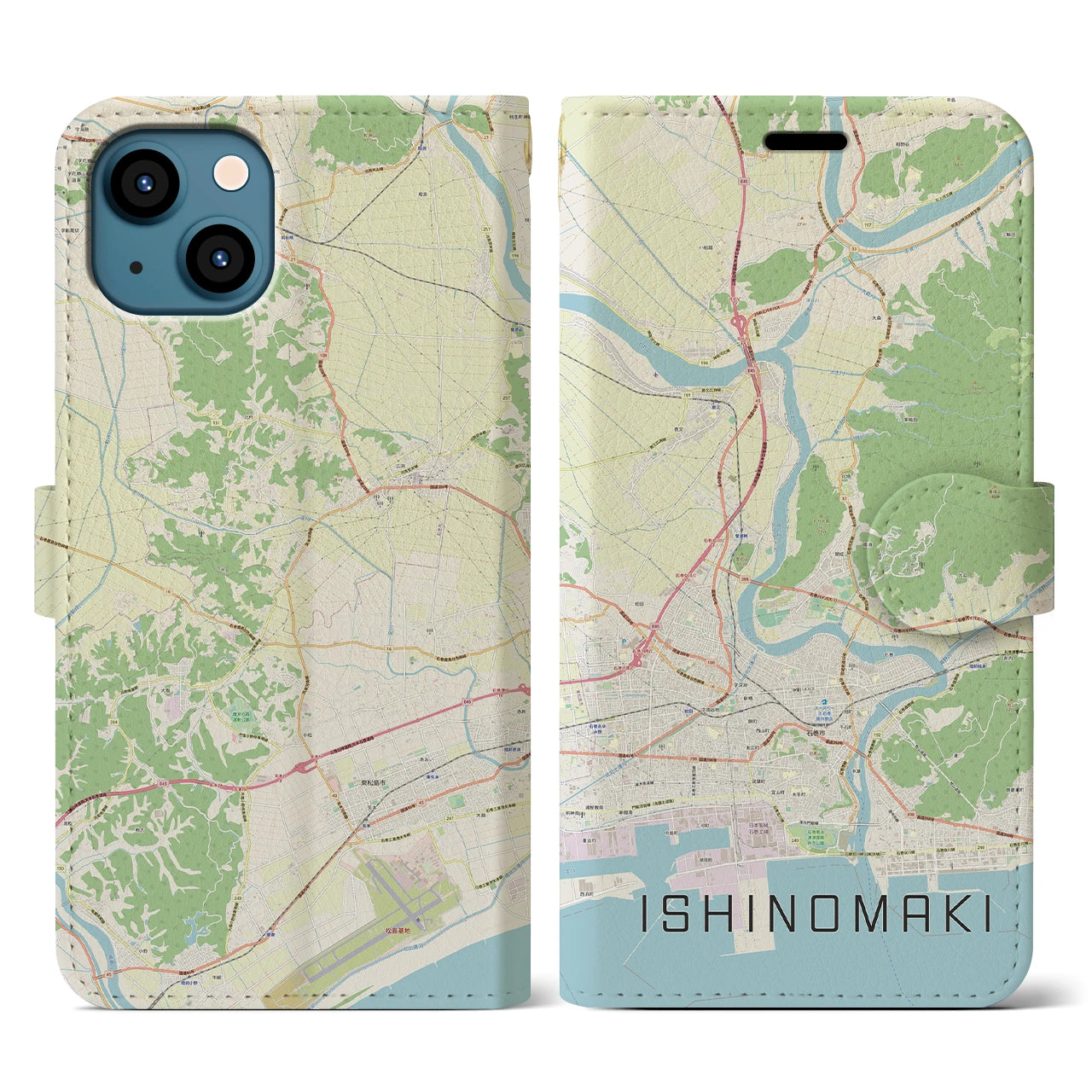 【石巻】地図柄iPhoneケース（手帳両面タイプ・ナチュラル）iPhone 13 用