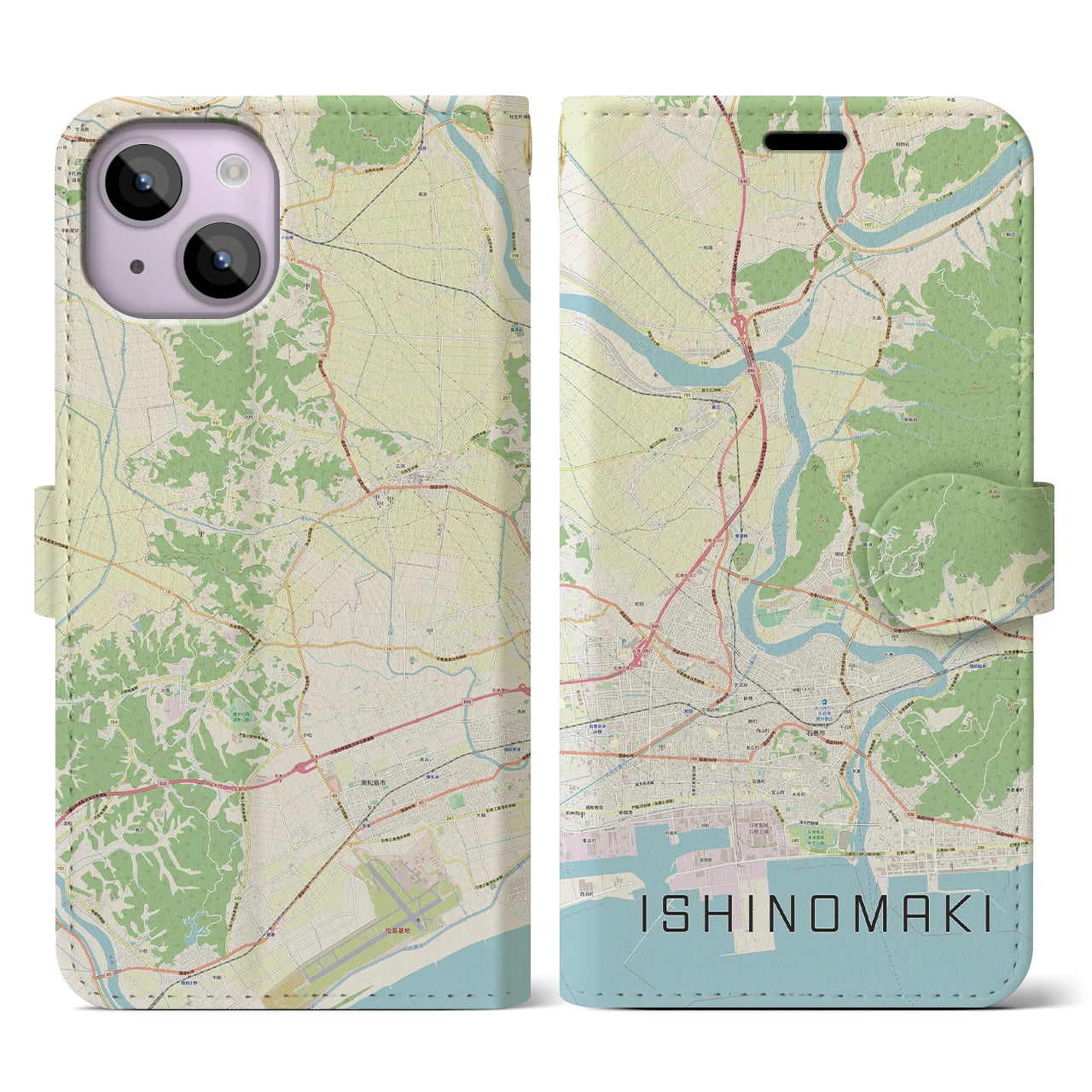 【石巻】地図柄iPhoneケース（手帳両面タイプ・ナチュラル）iPhone 14 用