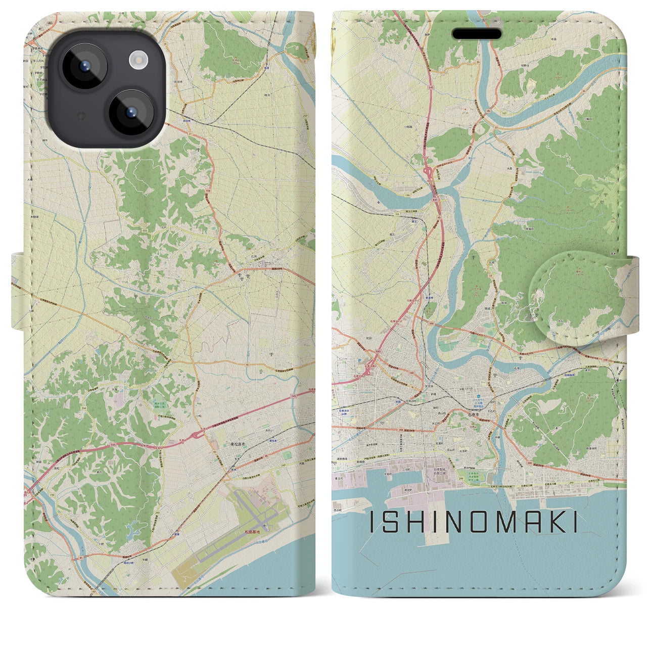 【石巻】地図柄iPhoneケース（手帳両面タイプ・ナチュラル）iPhone 14 Plus 用