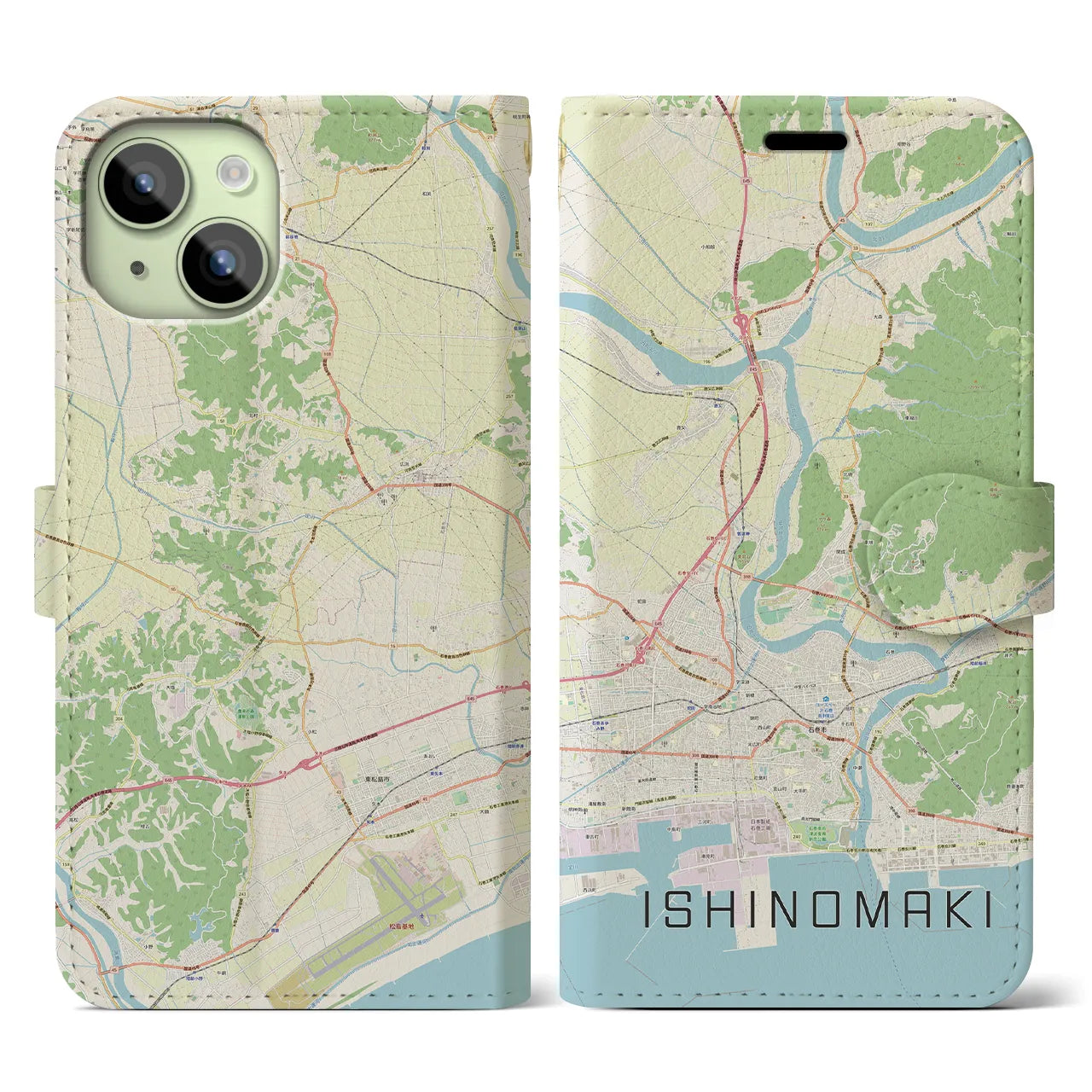 【石巻】地図柄iPhoneケース（手帳両面タイプ・ナチュラル）iPhone 15 用