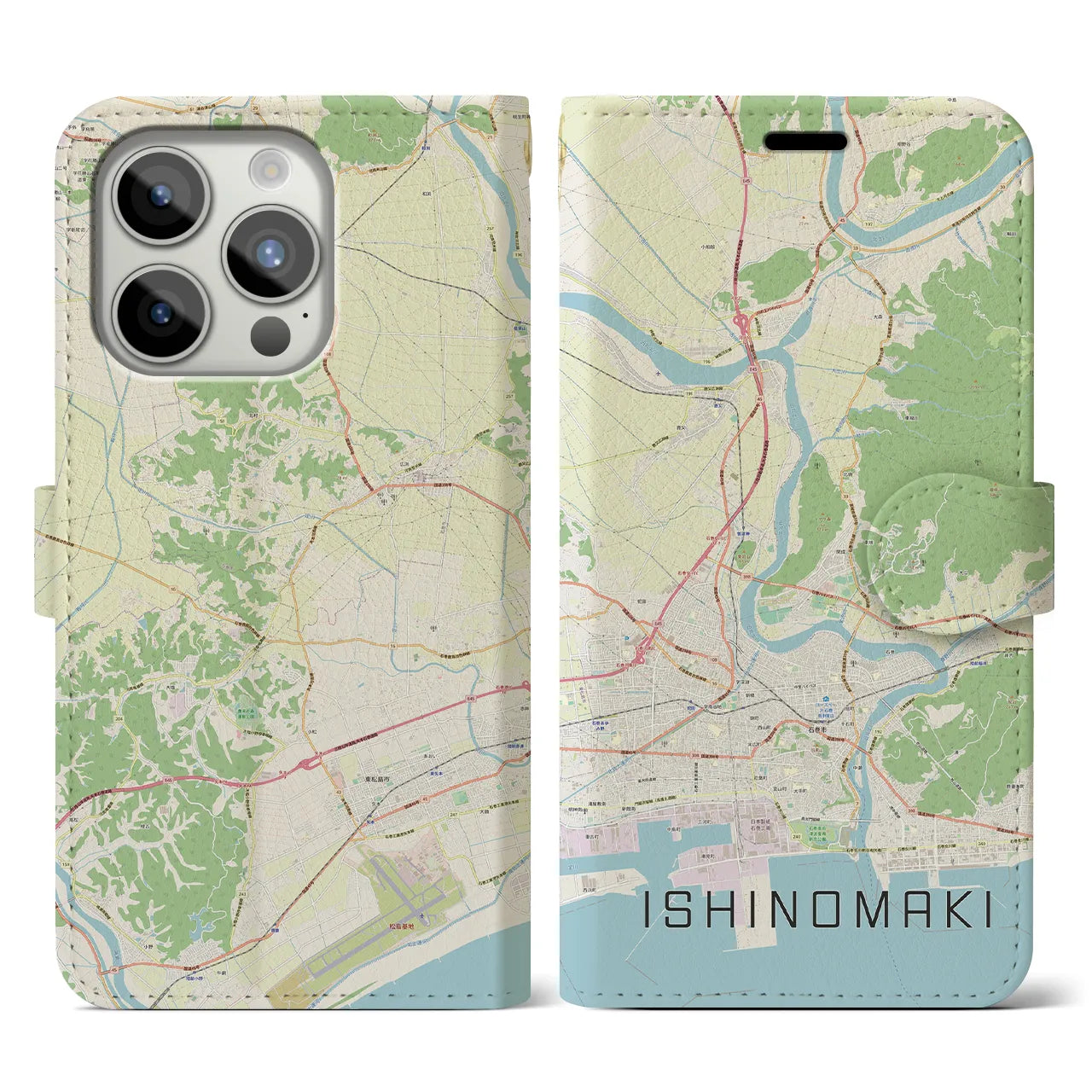 【石巻】地図柄iPhoneケース（手帳両面タイプ・ナチュラル）iPhone 15 Pro 用