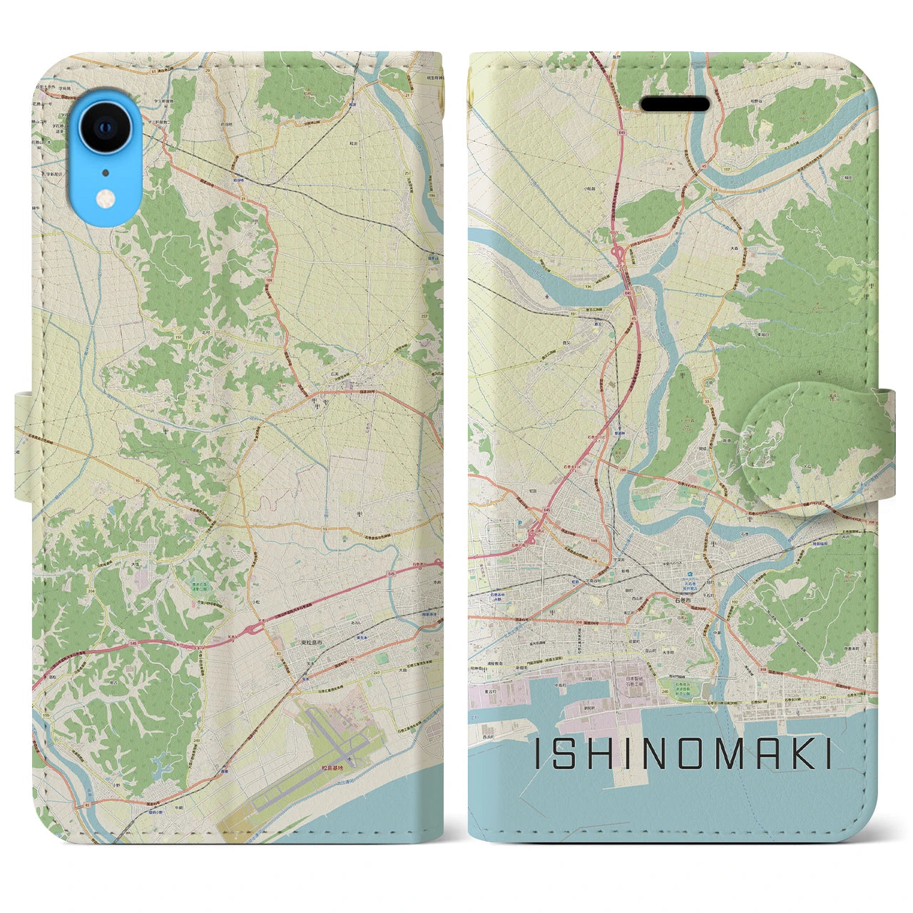 【石巻】地図柄iPhoneケース（手帳両面タイプ・ナチュラル）iPhone XR 用