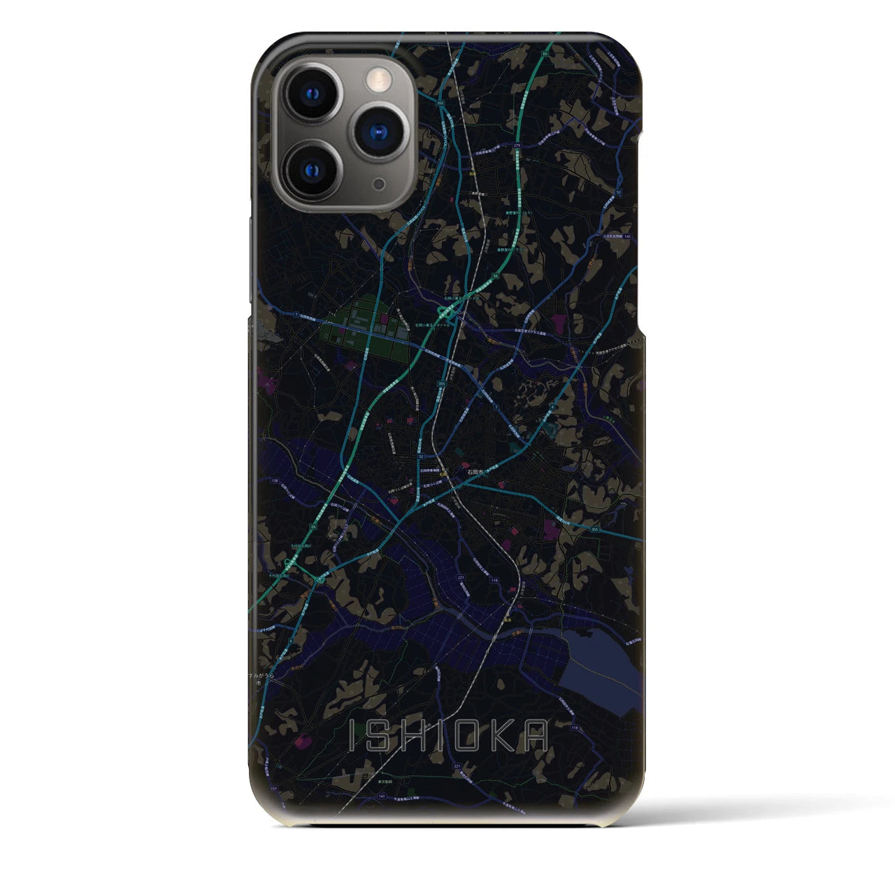 【石岡】地図柄iPhoneケース（バックカバータイプ・ブラック）iPhone 11 Pro Max 用