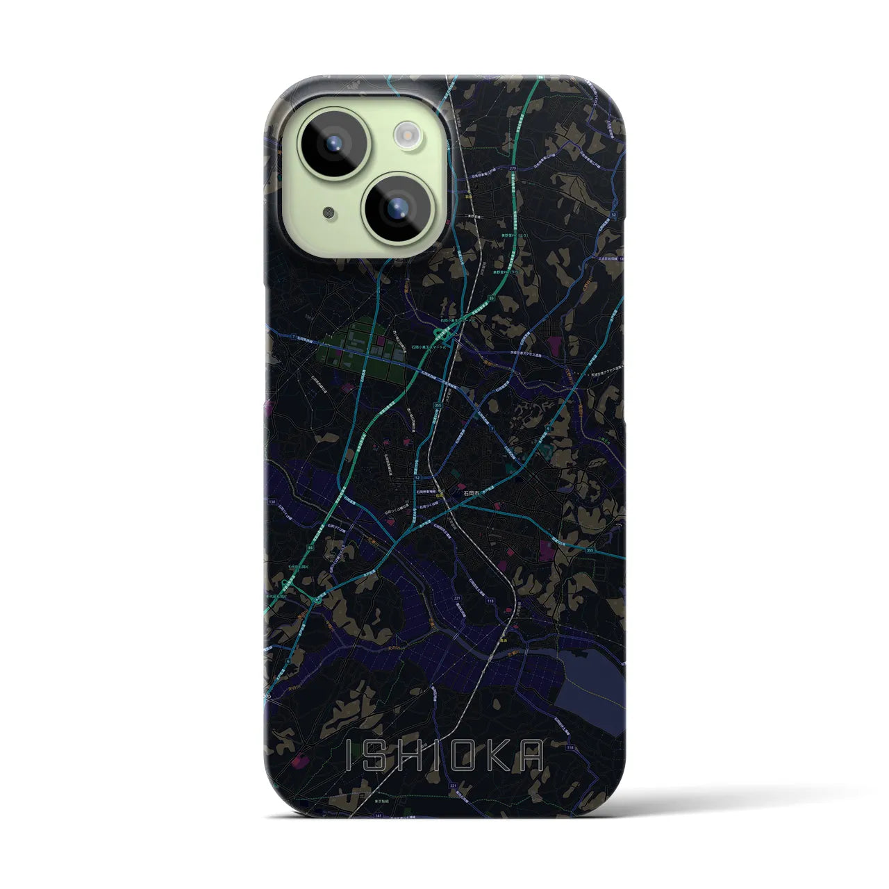 【石岡】地図柄iPhoneケース（バックカバータイプ・ブラック）iPhone 15 用