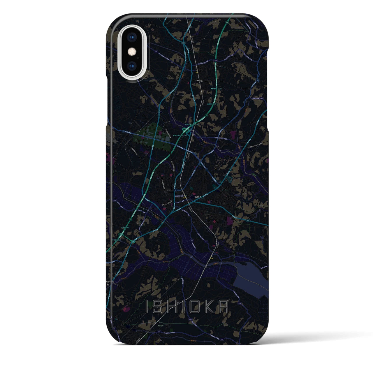 【石岡】地図柄iPhoneケース（バックカバータイプ・ブラック）iPhone XS Max 用