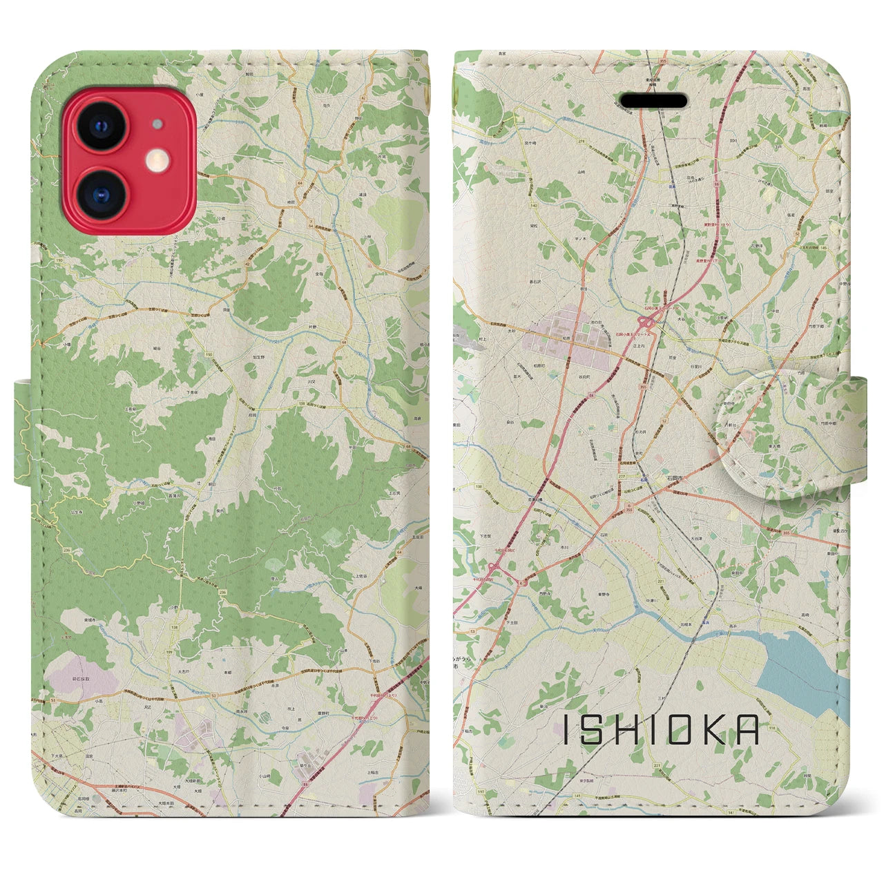 【石岡】地図柄iPhoneケース（手帳両面タイプ・ナチュラル）iPhone 11 用