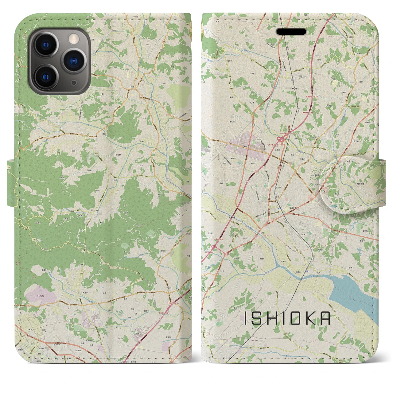 【石岡】地図柄iPhoneケース（手帳両面タイプ・ナチュラル）iPhone 11 Pro Max 用