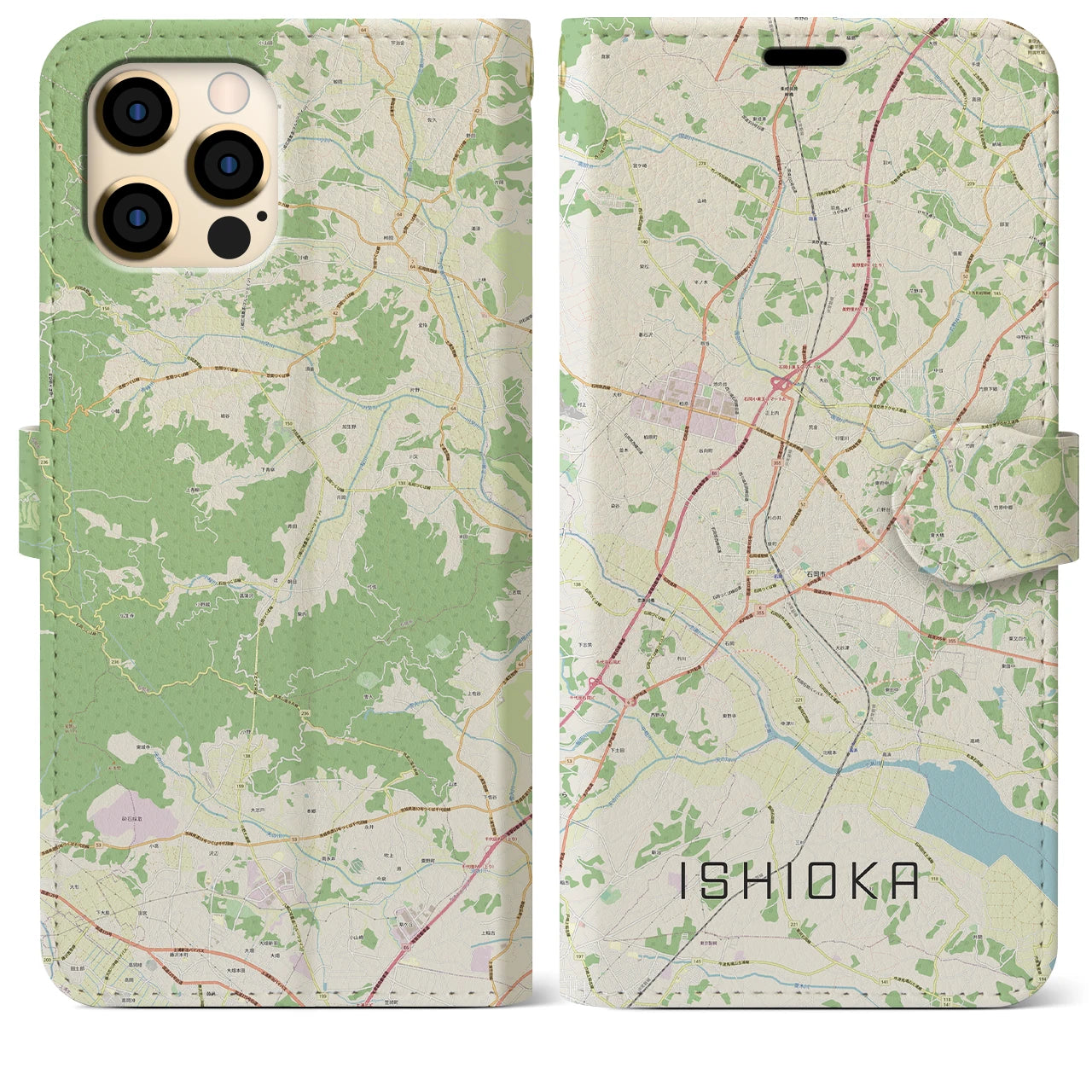 【石岡】地図柄iPhoneケース（手帳両面タイプ・ナチュラル）iPhone 12 Pro Max 用