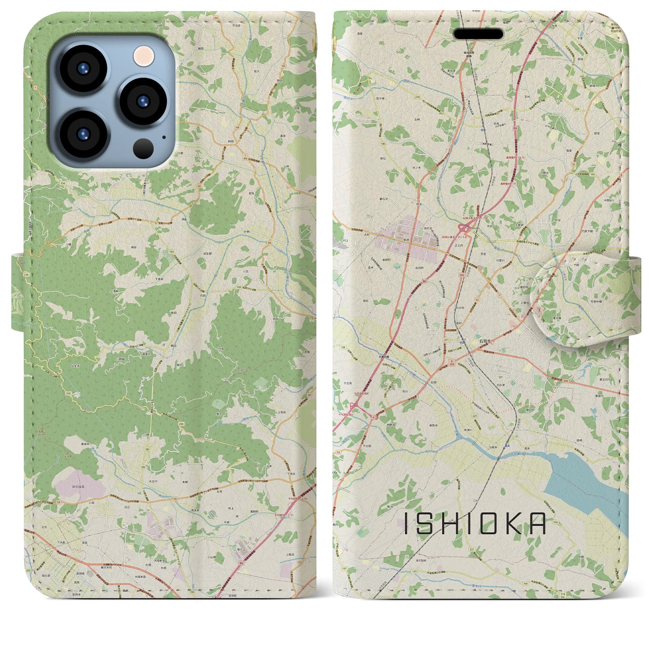 【石岡】地図柄iPhoneケース（手帳両面タイプ・ナチュラル）iPhone 13 Pro Max 用