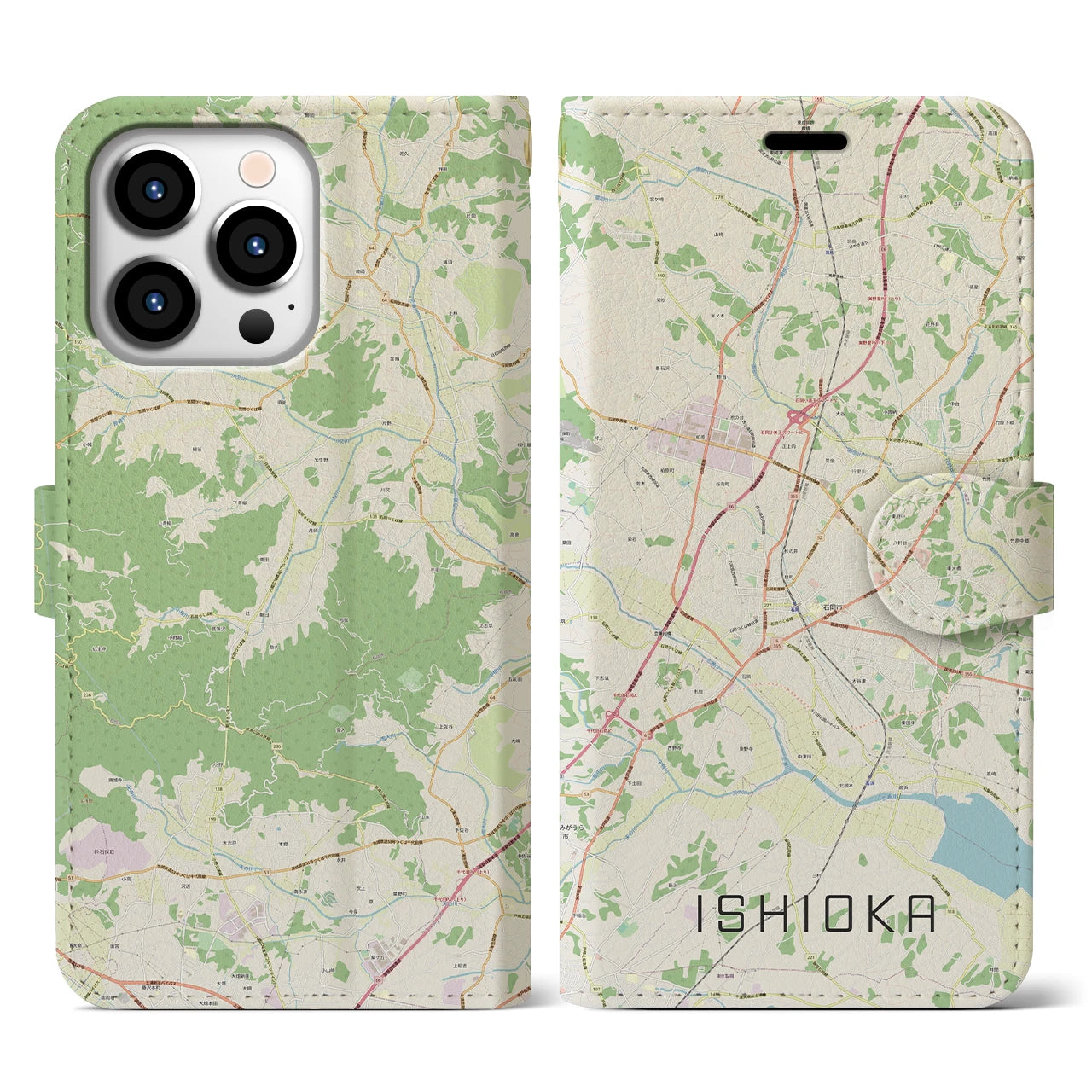 【石岡】地図柄iPhoneケース（手帳両面タイプ・ナチュラル）iPhone 13 Pro 用