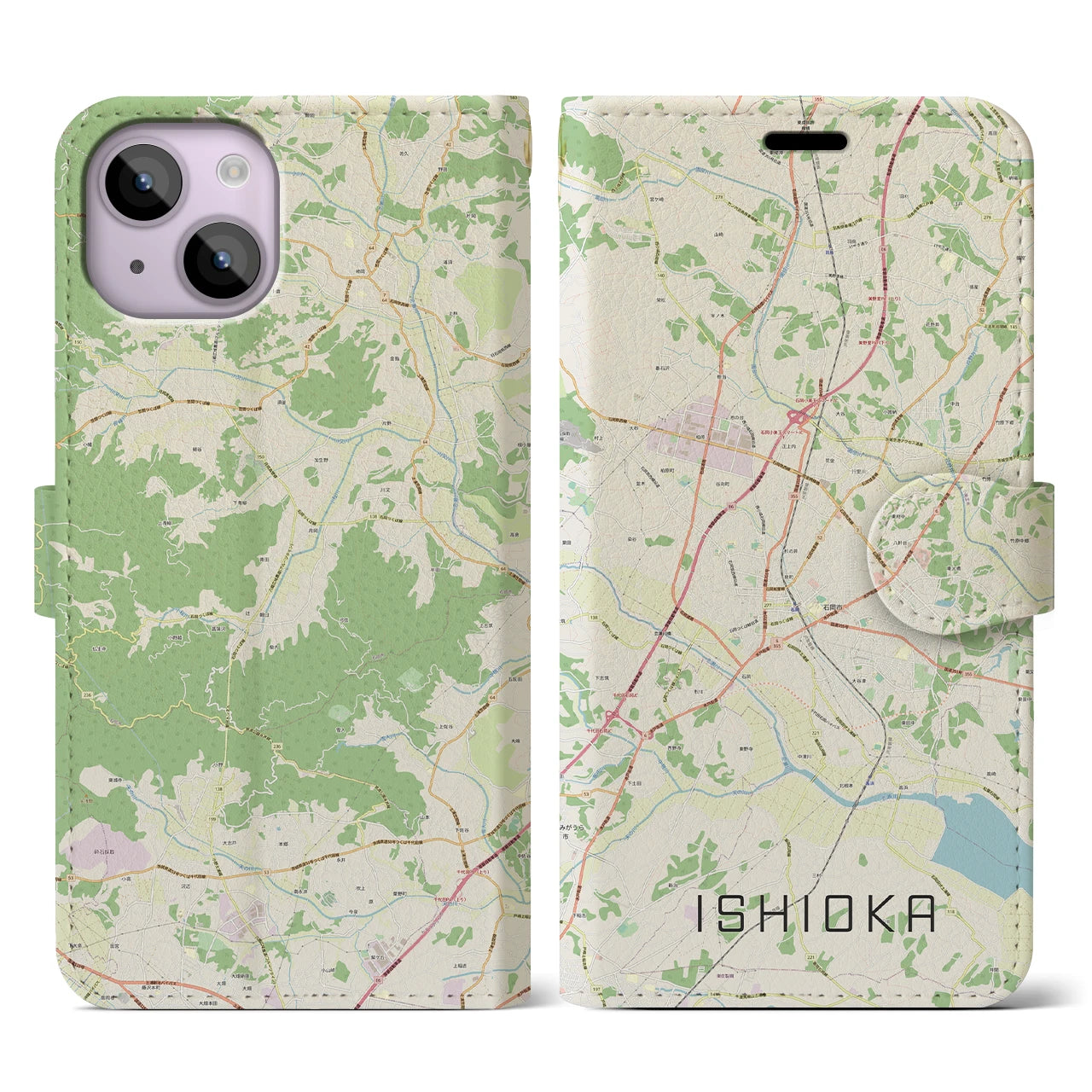 【石岡】地図柄iPhoneケース（手帳両面タイプ・ナチュラル）iPhone 14 用