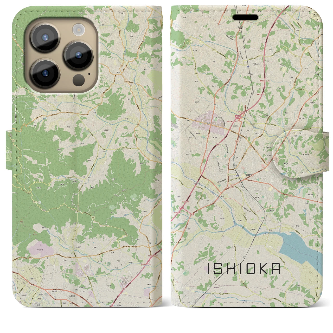 【石岡】地図柄iPhoneケース（手帳両面タイプ・ナチュラル）iPhone 14 Pro Max 用
