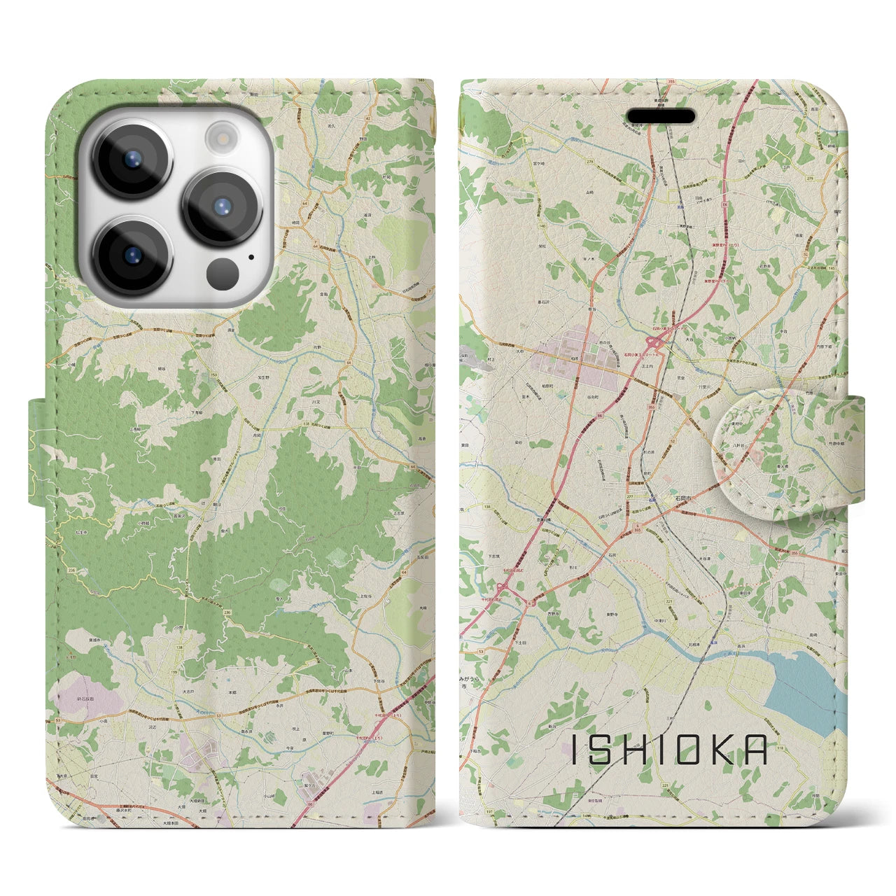 【石岡】地図柄iPhoneケース（手帳両面タイプ・ナチュラル）iPhone 14 Pro 用