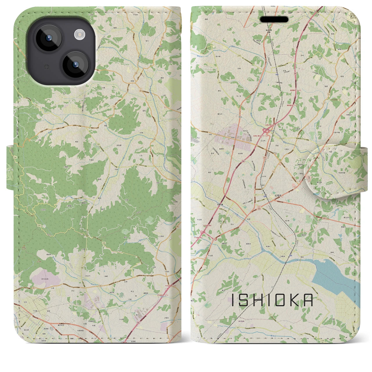 【石岡】地図柄iPhoneケース（手帳両面タイプ・ナチュラル）iPhone 14 Plus 用