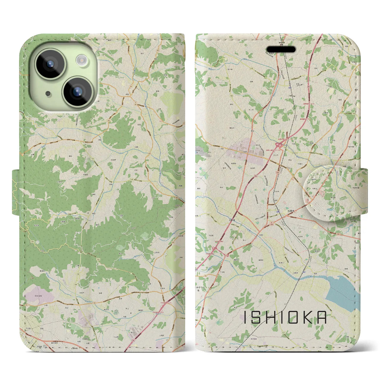 【石岡】地図柄iPhoneケース（手帳両面タイプ・ナチュラル）iPhone 15 用