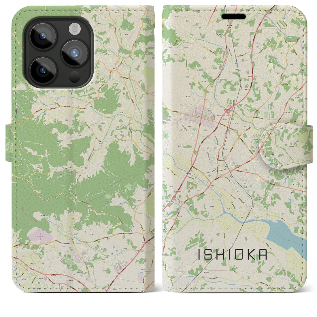 【石岡】地図柄iPhoneケース（手帳両面タイプ・ナチュラル）iPhone 15 Pro Max 用