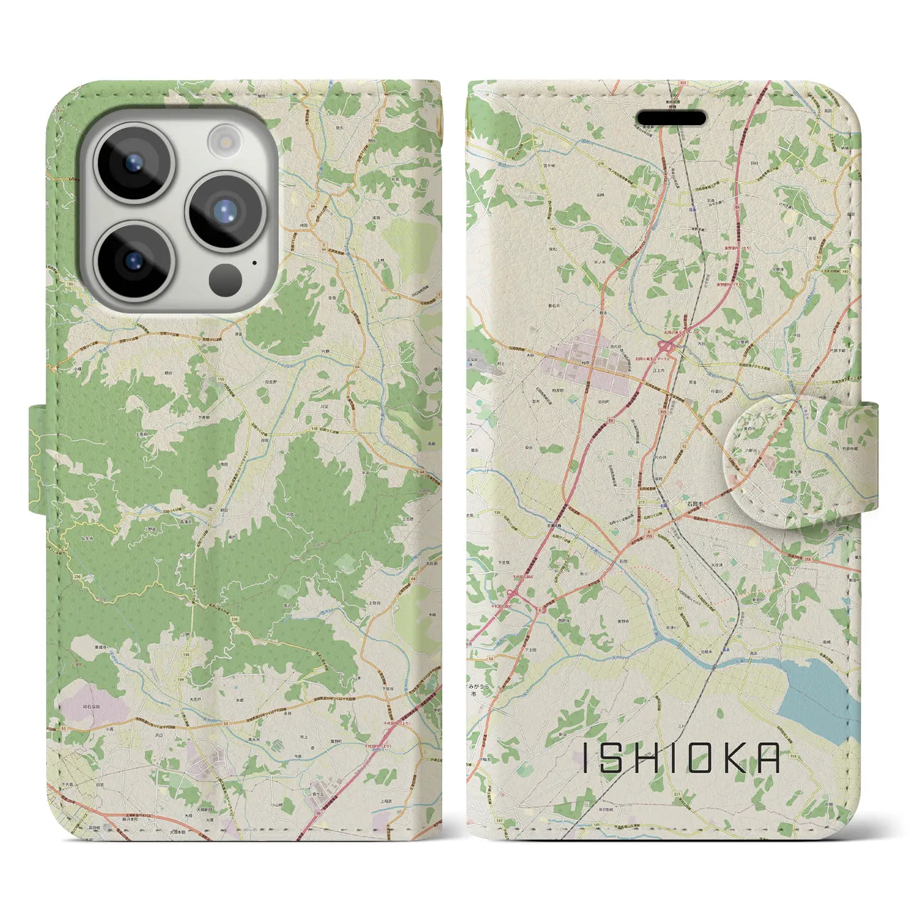 【石岡】地図柄iPhoneケース（手帳両面タイプ・ナチュラル）iPhone 15 Pro 用