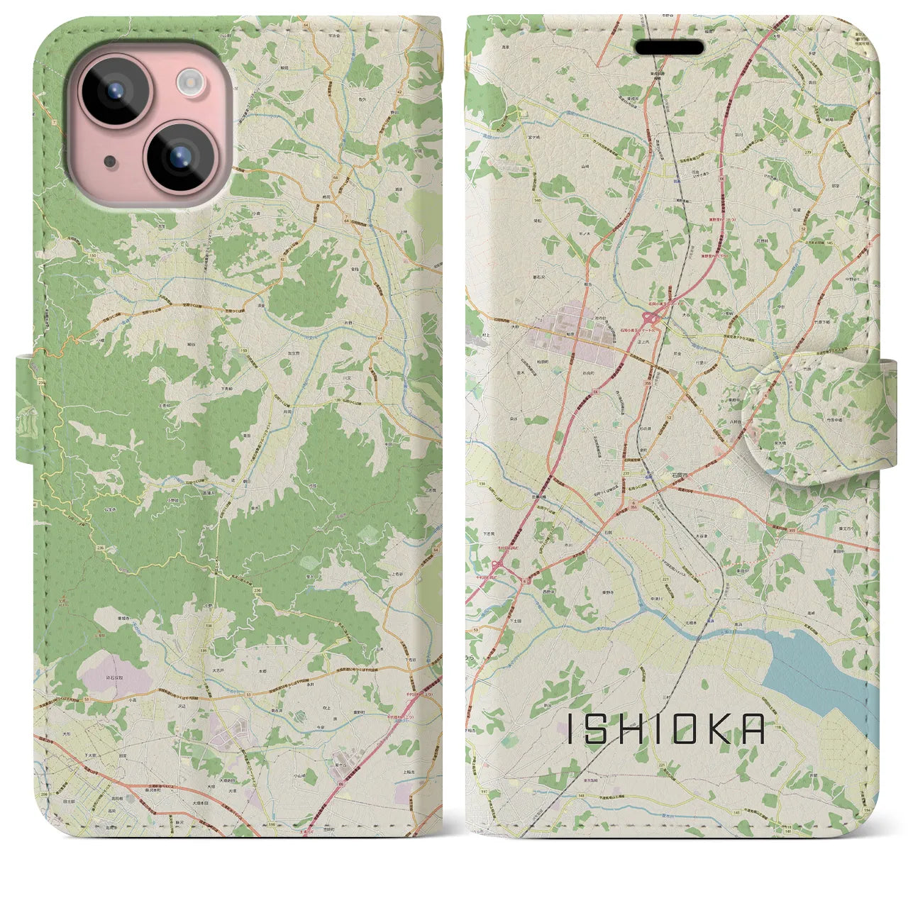 【石岡】地図柄iPhoneケース（手帳両面タイプ・ナチュラル）iPhone 15 Plus 用