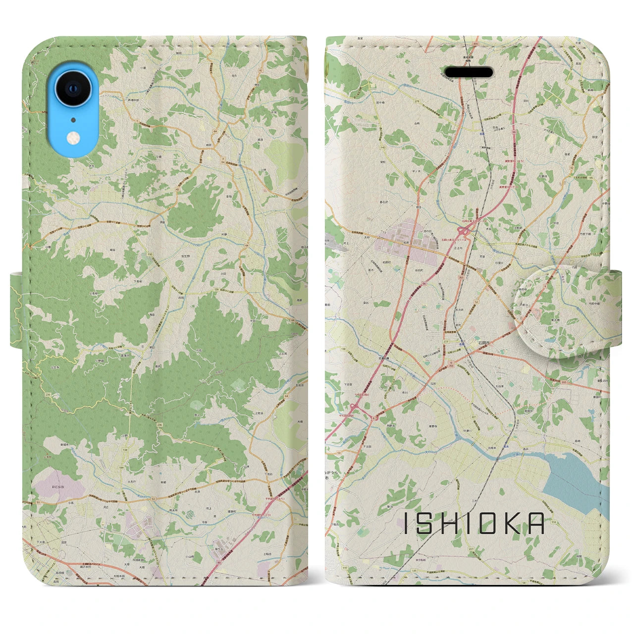 【石岡】地図柄iPhoneケース（手帳両面タイプ・ナチュラル）iPhone XR 用