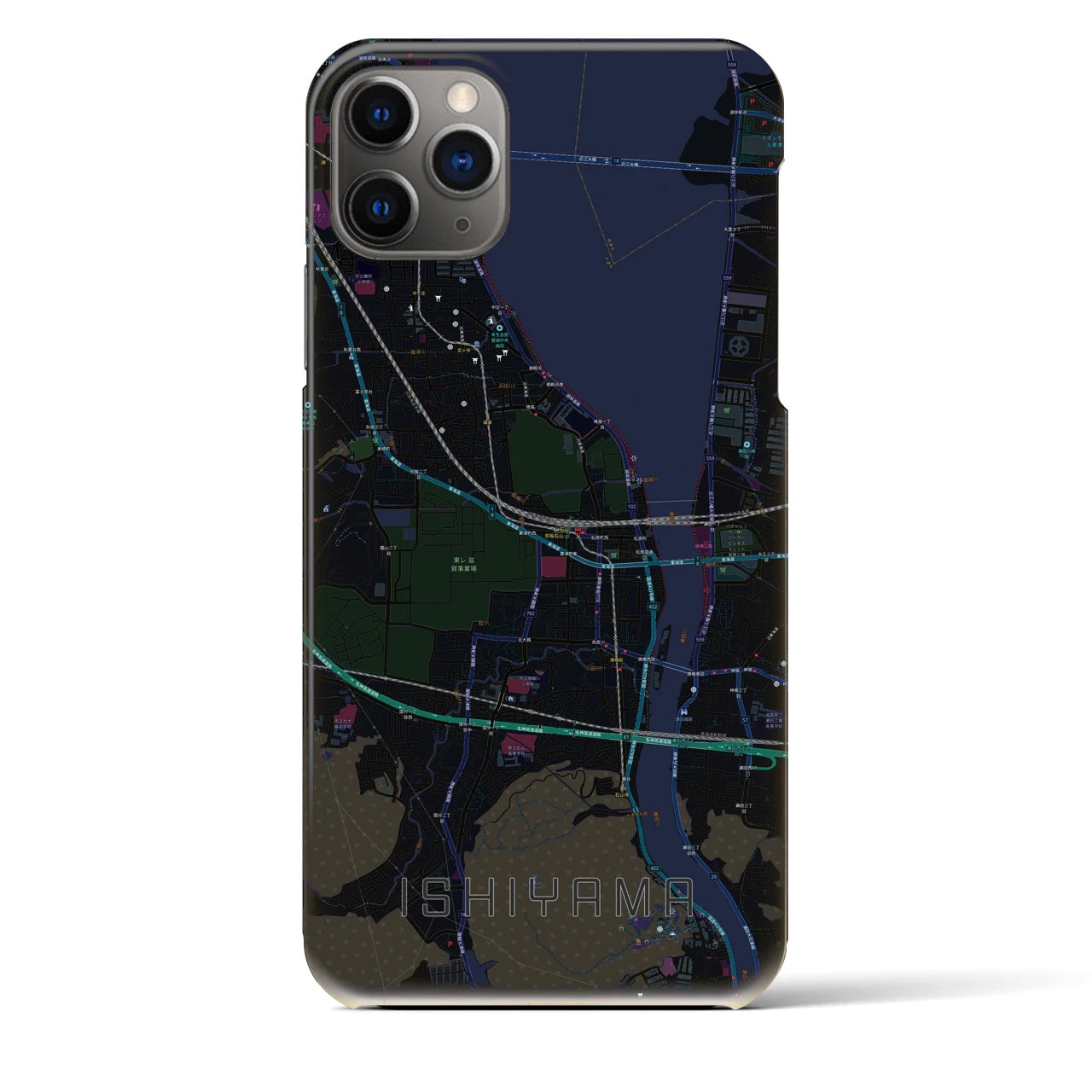 【石山】地図柄iPhoneケース（バックカバータイプ・ブラック）iPhone 11 Pro Max 用