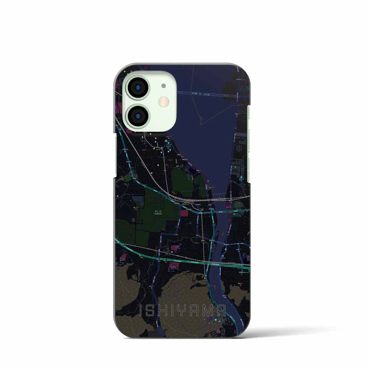 【石山】地図柄iPhoneケース（バックカバータイプ・ブラック）iPhone 12 mini 用