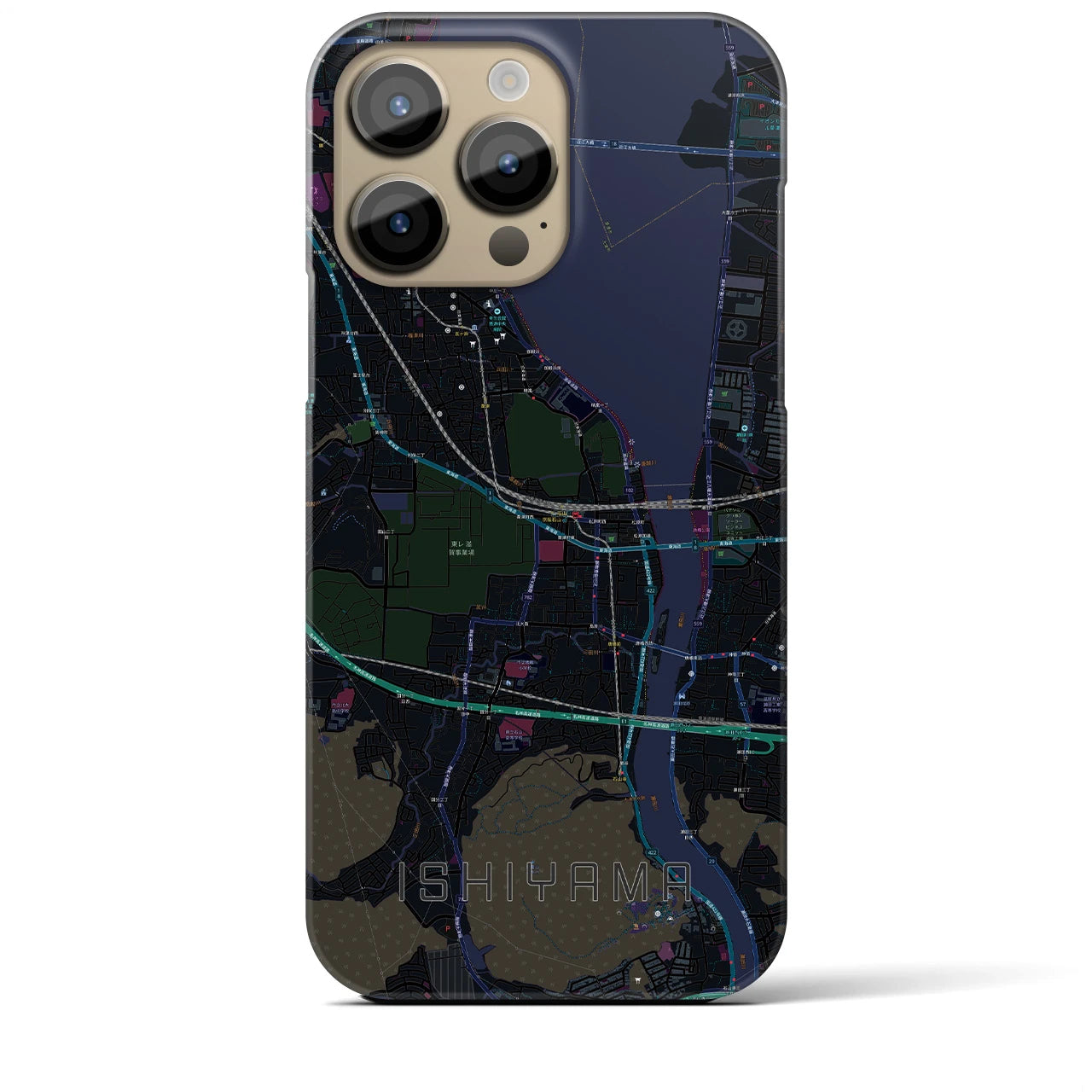 【石山】地図柄iPhoneケース（バックカバータイプ・ブラック）iPhone 14 Pro Max 用