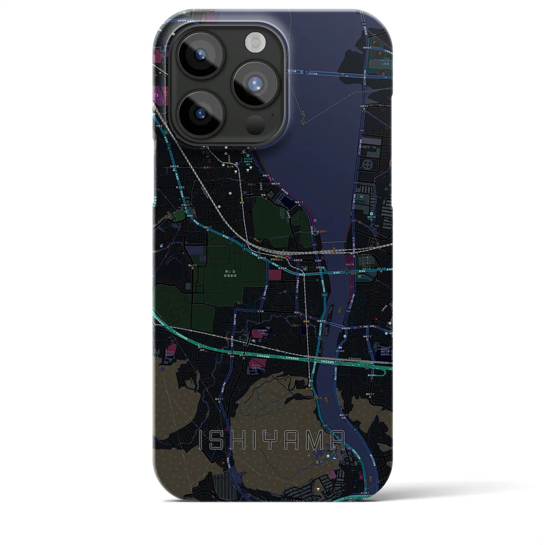 【石山】地図柄iPhoneケース（バックカバータイプ・ブラック）iPhone 15 Pro Max 用