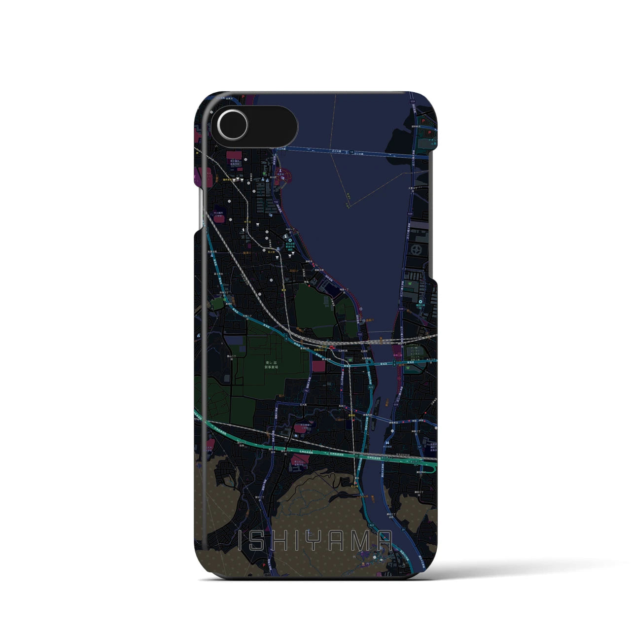 【石山】地図柄iPhoneケース（バックカバータイプ・ブラック）iPhone SE（第3 / 第2世代） / 8 / 7 / 6s / 6 用