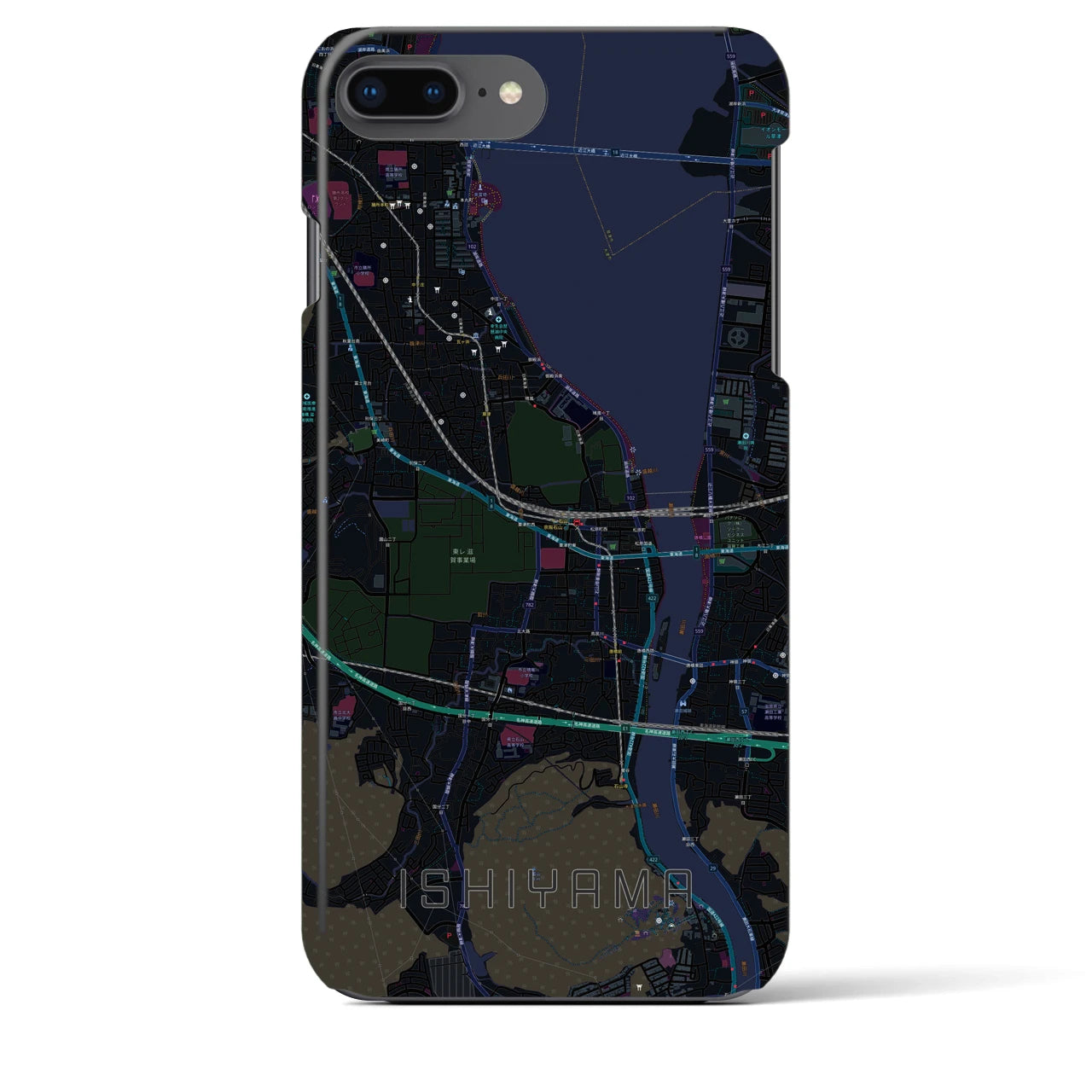 【石山】地図柄iPhoneケース（バックカバータイプ・ブラック）iPhone 8Plus /7Plus / 6sPlus / 6Plus 用