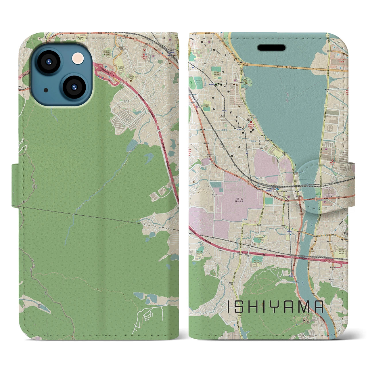 【石山】地図柄iPhoneケース（手帳両面タイプ・ナチュラル）iPhone 13 用