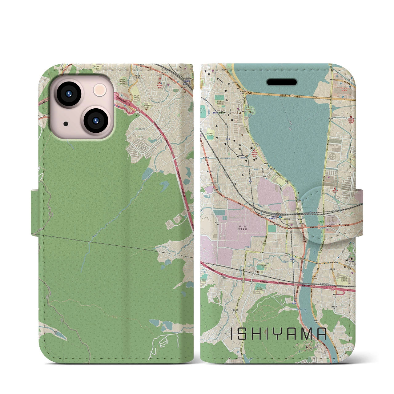 【石山】地図柄iPhoneケース（手帳両面タイプ・ナチュラル）iPhone 13 mini 用