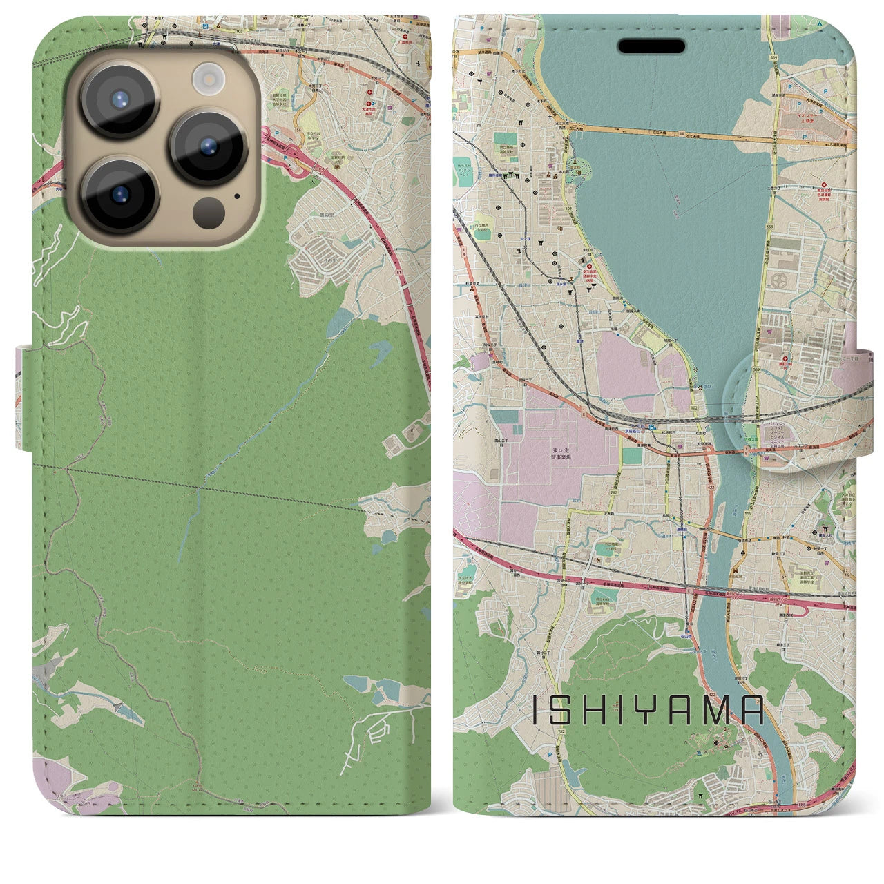 【石山】地図柄iPhoneケース（手帳両面タイプ・ナチュラル）iPhone 14 Pro Max 用