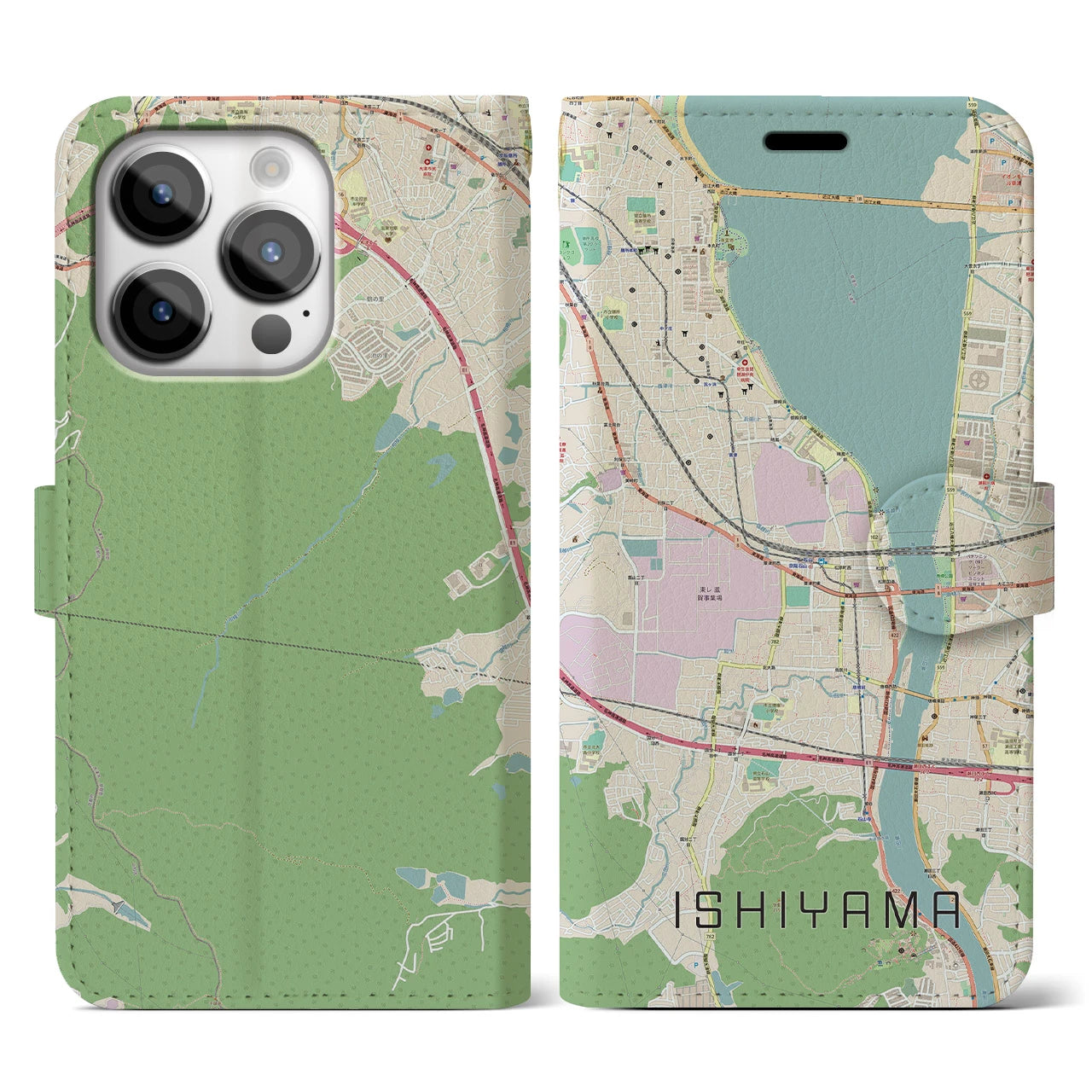 【石山】地図柄iPhoneケース（手帳両面タイプ・ナチュラル）iPhone 14 Pro 用