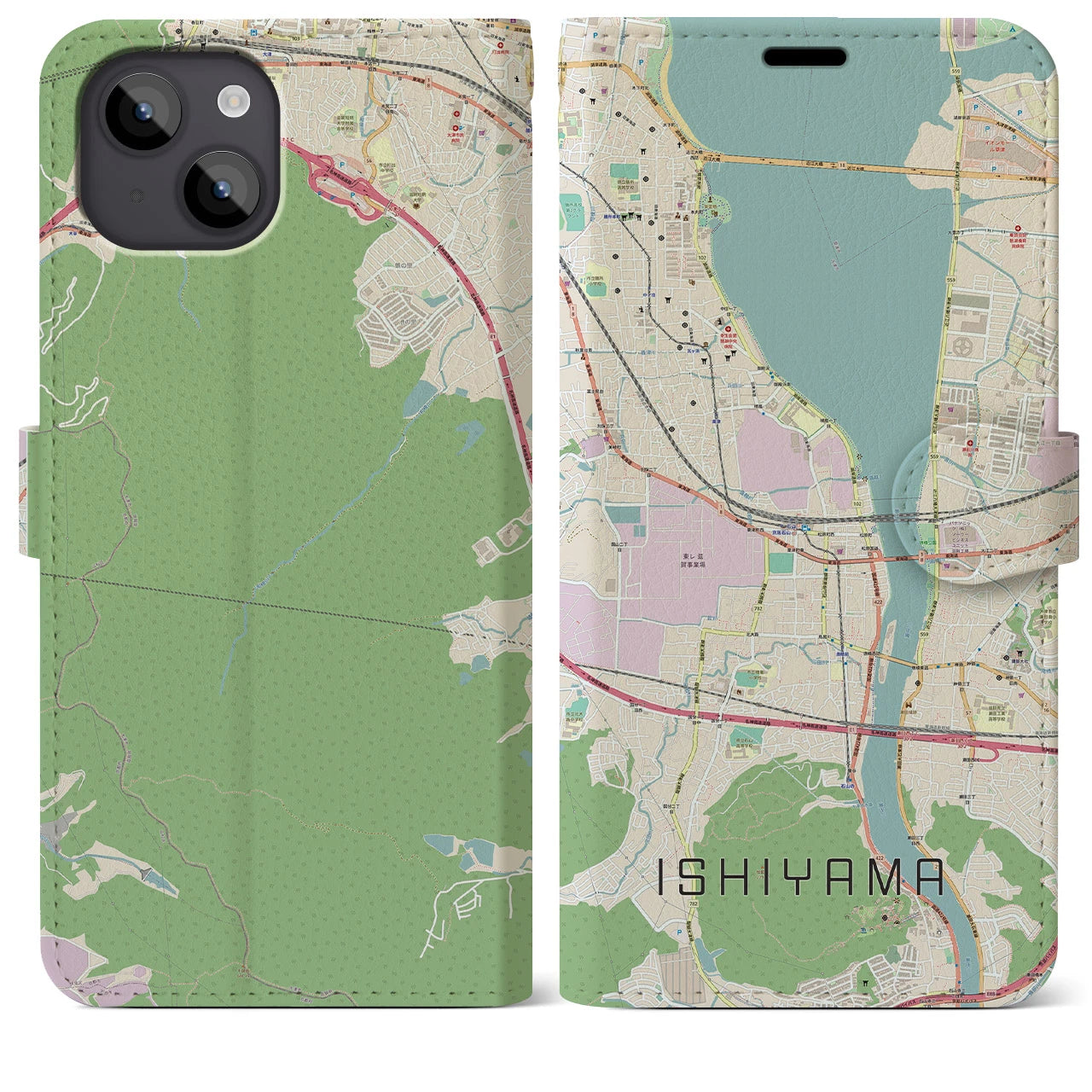 【石山】地図柄iPhoneケース（手帳両面タイプ・ナチュラル）iPhone 14 Plus 用