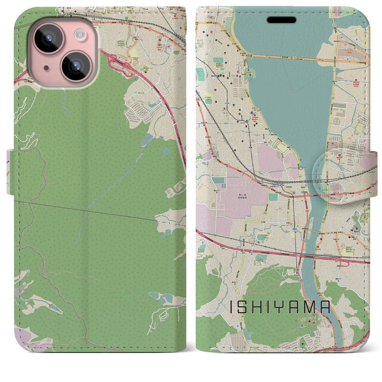 【石山】地図柄iPhoneケース（手帳両面タイプ・ナチュラル）iPhone 15 Plus 用