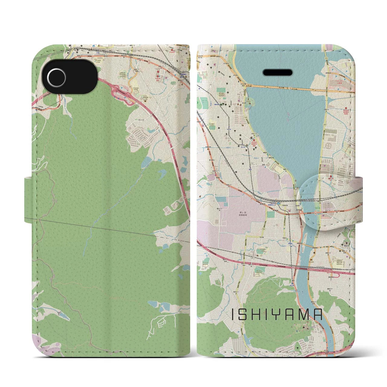 【石山】地図柄iPhoneケース（手帳両面タイプ・ナチュラル）iPhone SE（第3 / 第2世代） / 8 / 7 / 6s / 6 用