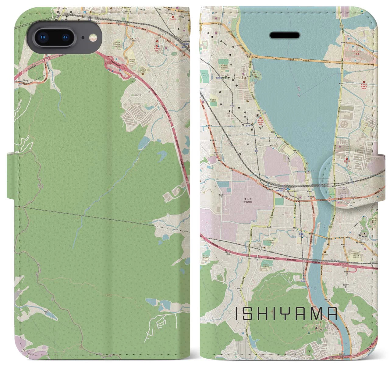 【石山】地図柄iPhoneケース（手帳両面タイプ・ナチュラル）iPhone 8Plus /7Plus / 6sPlus / 6Plus 用